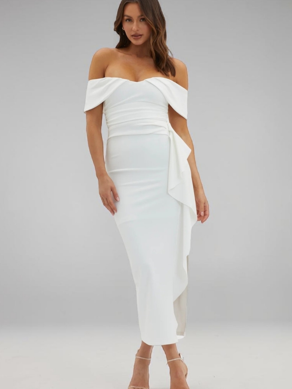 Selfie Leslie White Off Shoulder Glam Feminine Midi Dress Side Ruffle NWT Sz L